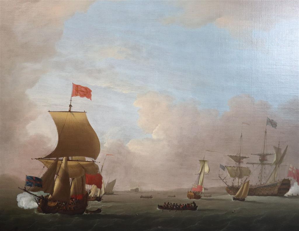 Peter Monamy (1681-1749) Men-o-war and other vessels in an estuary with salutes being fired 22.5 x 29in.